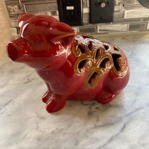 Red Ceramic Pig Lamp with Cutout Design